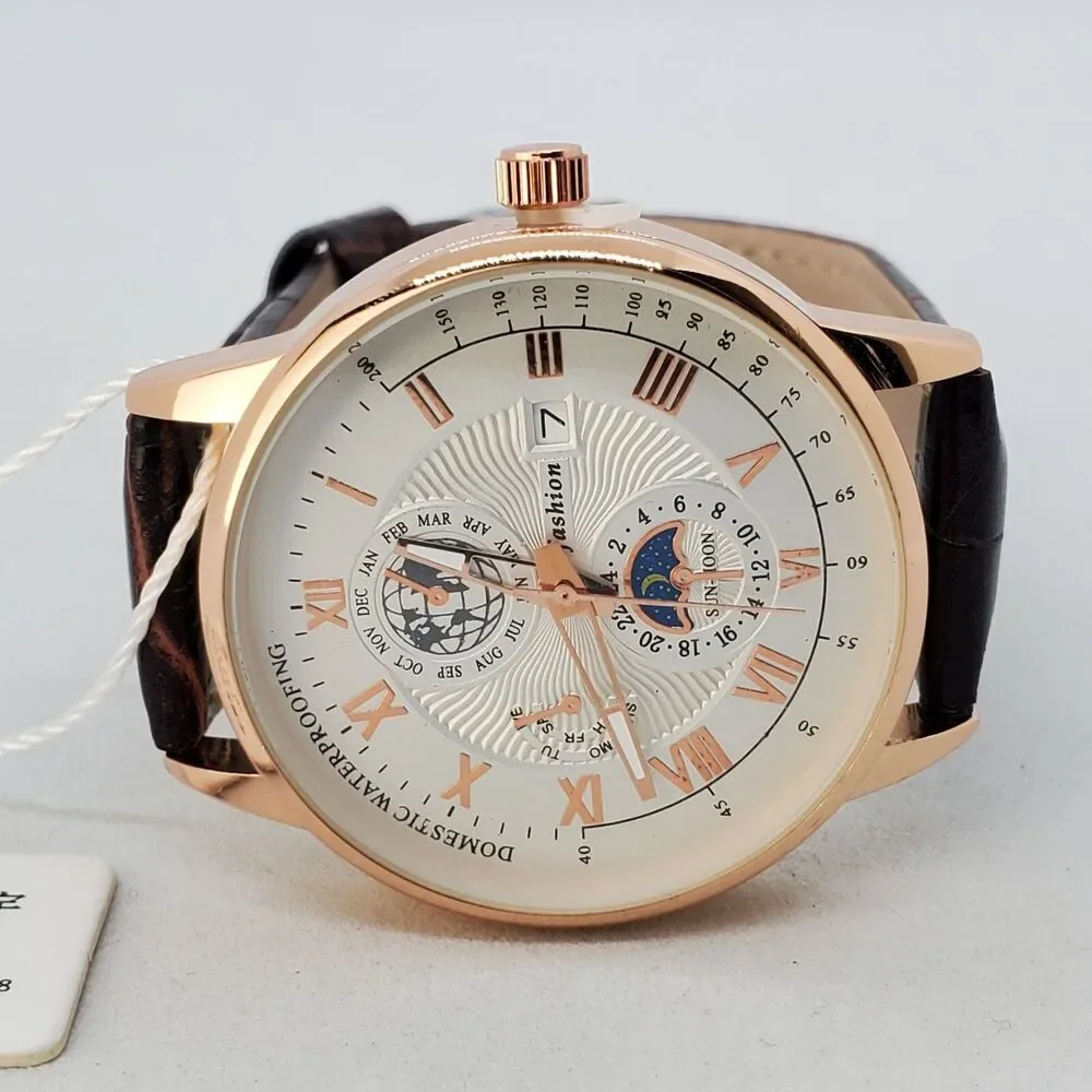 Men's 40MM Watch Gray Dial Brown Leather‎ Bands Roman Numerals Date Indicator